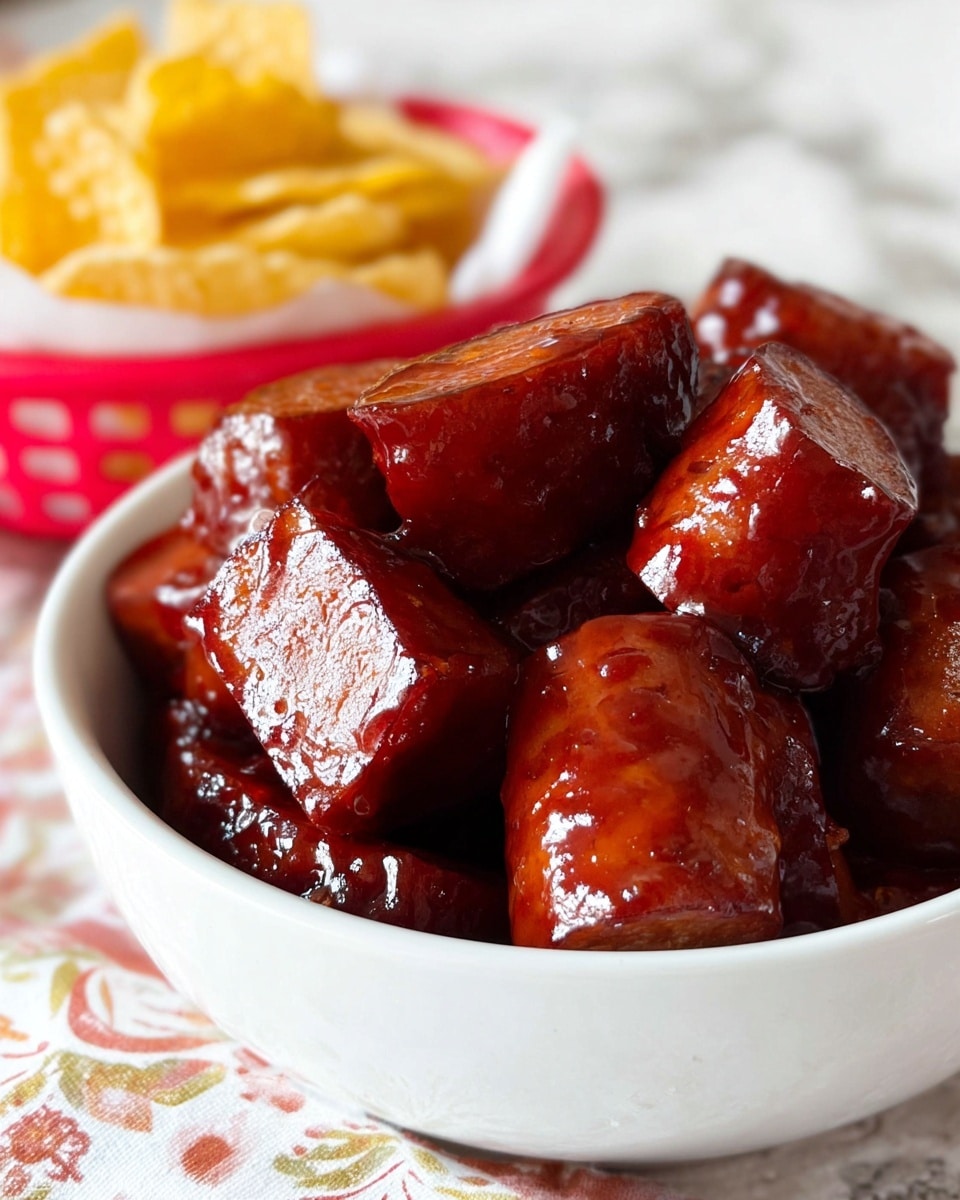 The image shows a close-up of chunks of sausage covered in thick, shiny, dark red sauce inside a black pot. The sausage pieces are cut into large, rounded sections with a glossy, smooth surface showing a reddish-brown meat inside. A silver spoon is scooping some of the sauce and sausage from the pot, reflecting light and partially covered in the rich sauce, which is slightly textured with small bits of seasoning visible. The background inside the pot is black, creating a strong contrast with the bright, saucy sausages. Photo taken with an iphone --ar 4:5 --v 7