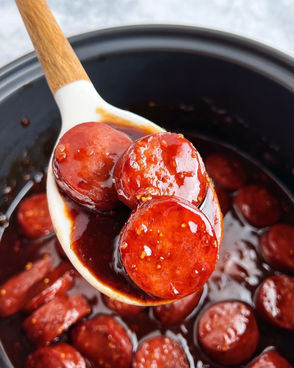 The image shows a close-up view of a white bowl filled with several pieces of dark reddish-brown, glossy sausages cut into thick chunks. The sausages have a shiny, smooth surface caused by a sauce or glaze covering them. In the background, there is a red basket with yellow potato chips, all placed on a white marbled surface with a patterned cloth partly visible. The focus is mainly on the sausages, highlighting their rich color and texture. Photo taken with an iphone --ar 4:5 --v 7