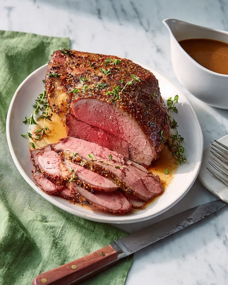 The image shows a white oval plate on a white marbled surface with a roast beef piece on one side and several slices of pinkish roast beef arranged neatly next to it. The roast has a brown, crispy, seasoned crust on top sprinkled with small green herb leaves. The sliced beef reveals a juicy, tender, and slightly pink inside. A green cloth napkin, a knife with a brown wooden handle, and a fork lie next to the plate. A white gravy boat filled with brown sauce sits nearby. Photo taken with an iphone --ar 4:5 --v 7