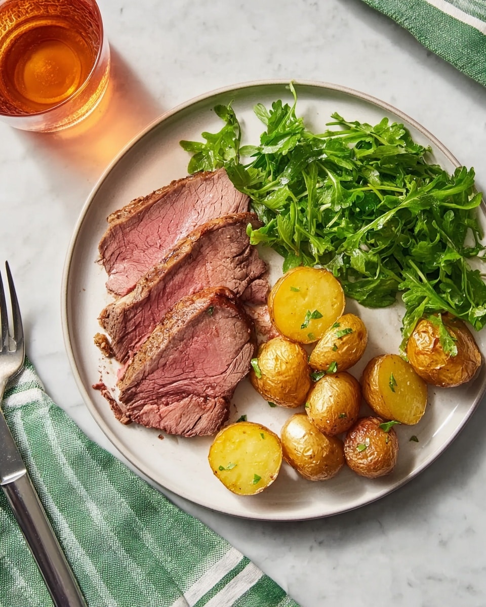 The dish shows three slices of roasted beef with a slight pink center, placed on the left side of a white plate. To the right of the beef, there are around ten small roasted potatoes with golden-brown crispy skin and a soft yellow inside. Above the beef and potatoes, fresh green arugula leaves are loosely piled, adding a vibrant touch. The plate sits on a white marbled surface, next to a fork resting on a green and white striped napkin. A glass with amber liquid is partly visible on the top left corner of the image. The photo taken with an iphone --ar 4:5 --v 7