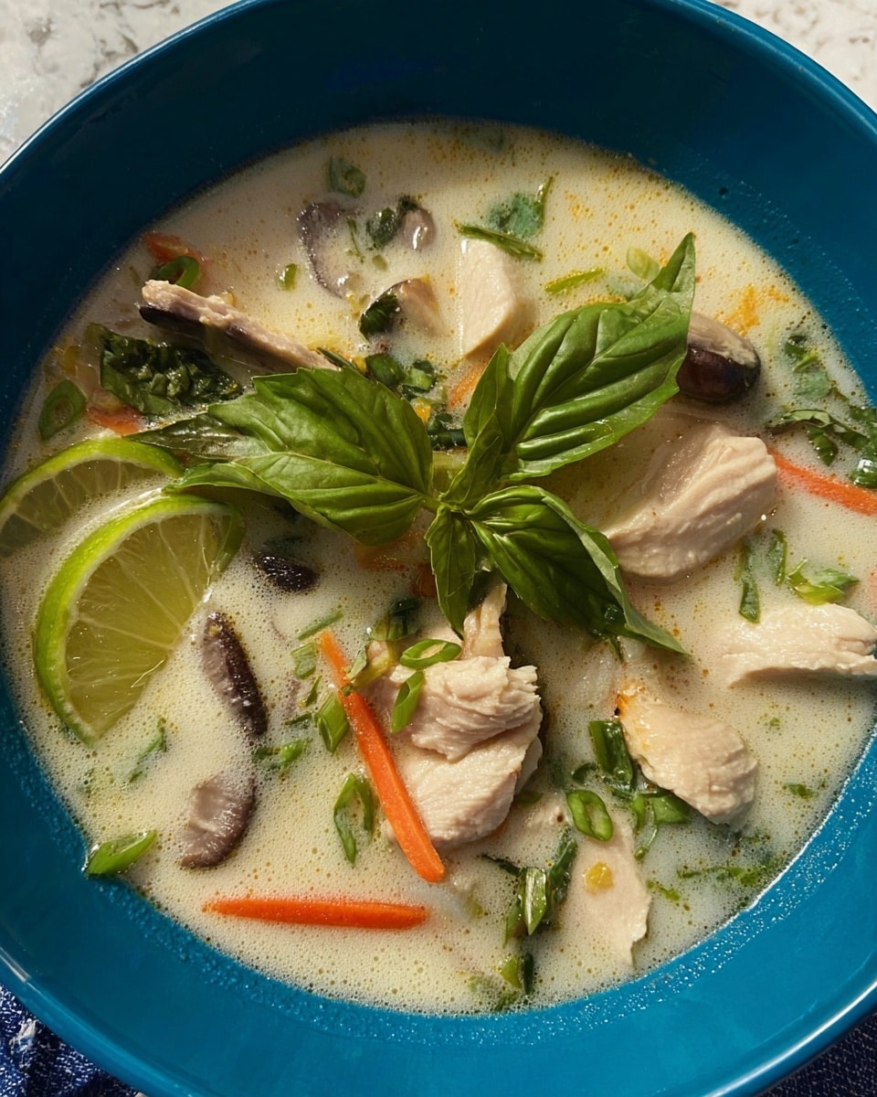 A bright blue bowl holds a creamy white soup with visible layers starting with large pieces of pale cooked chicken and slices of light brown mushrooms at the base, mixed with thin orange carrot strips and green herbs scattered throughout. On top, three fresh deep green basil leaves rest at the center, surrounded by small rings of bright green onions. Two lime wedges, showing pale green skin and juicy translucent flesh, sit on the side of the bowl, partially dipped in the soup. The setting has a white marbled texture in the background. photo taken with an iphone --ar 4:5 --v 7