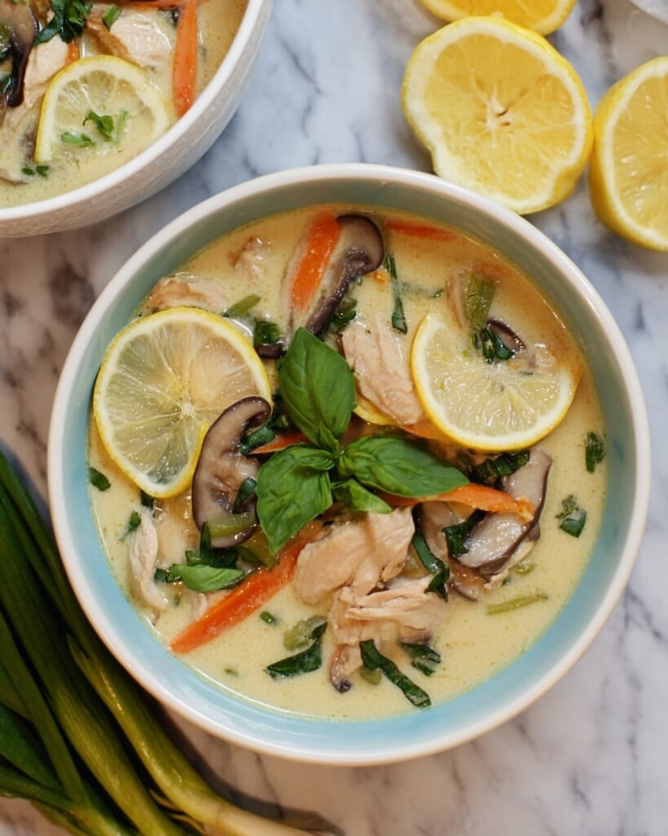 A dish shown in a white bowl filled with a creamy light yellow soup, layered with slices of light brown mushrooms, thin orange carrot strips, pieces of tender light beige chicken, and green herbs on top. Two thin pale yellow lemon slices sit within the soup near the edge of the bowl. Fresh green basil leaves rest in the center of the bowl as garnish. The bowl is placed on a white marbled surface, alongside a bunch of fresh green onions and a few lemon wedges. Another white bowl with soup is partially visible at the top left corner of the image. Photo taken with an iphone --ar 4:5 --v 7