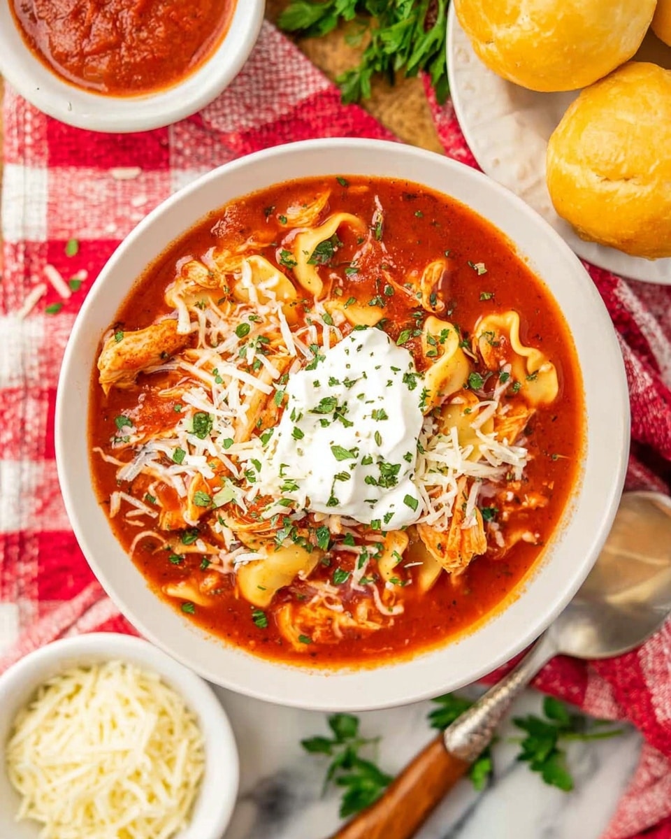 A white bowl filled with red tomato soup layered with pieces of pasta and chicken, topped with white shredded cheese and a dollop of white sour cream sprinkled with green herbs. The bowl sits on a white marbled surface with a red and white checkered cloth underneath. To the side, there are small white bowls filled with shredded white cheese and red sauce, and a white plate holding two yellowish golden baked rolls. A woman's hand holds a wooden spoon with a silver tip near the bowl. Some green parsley leaves are scattered around the scene. Photo taken with an iphone --ar 4:5 --v 7