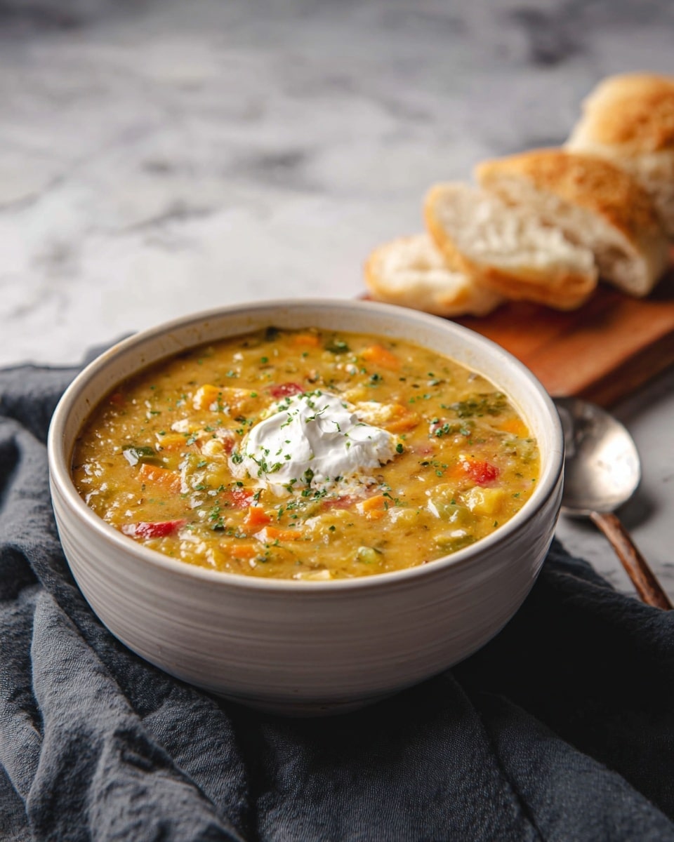 The image shows a white bowl filled with a thick, chunky soup that has a yellowish base with visible pieces of green, orange, and red vegetables mixed inside. On top of the soup is a dollop of white cream. The bowl is placed on a dark cloth on a surface with a white marbled texture. In the background, there are two pieces of torn bread on a small wooden board with a wooden spreader beside them. Photo taken with an iphone --ar 4:5 --v 7