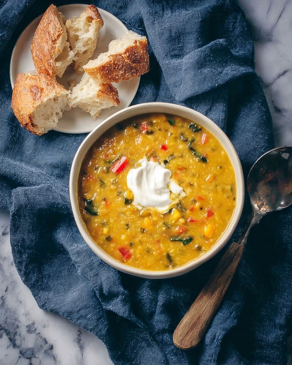 A white bowl filled with thick yellow soup with visible small chunks of vegetables like red peppers and greens, topped with a dollop of white cream in the center. Next to the bowl is a small white plate holding torn pieces of crusty bread with a brown wooden knife resting on the plate. Both the bowl and plate sit on a dark blue cloth that is spread over a white marbled surface. Photo taken with an iphone --ar 4:5 --v 7