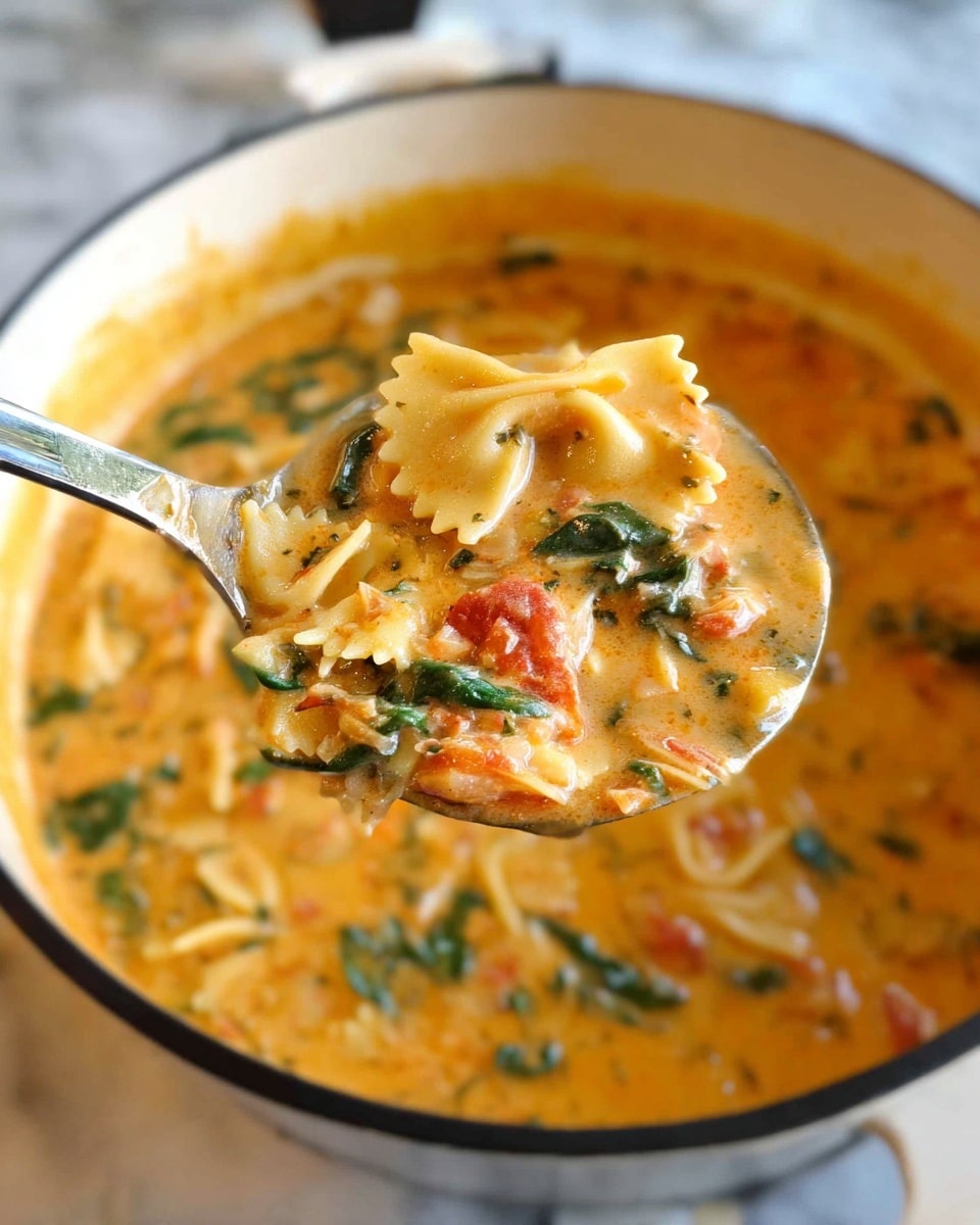 A large silver spoon holds a scoop of creamy soup with orange broth that has visible small chunks of light pasta pieces shaped like bow ties, bright green spinach leaves, and small bits of red tomato scattered throughout. The soup is thick and rich with a smooth texture, filling a white pot with a black rim that is set on a white marbled surface. Photo taken with an iphone --ar 4:5 --v 7