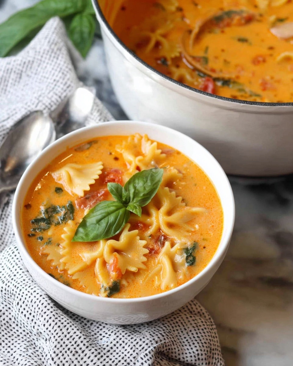 A white bowl filled with creamy orange soup featuring small farfalle pasta pieces mixed with green spinach leaves and bits of tomato, garnished with a fresh green basil leaf on top. Next to it is a white pot also filled with the same soup showing layers of orange creamy broth, pasta, spinach, and tomato bits visible on the surface. Both are placed on a white cloth with a gray checkered pattern, all set on a white marbled surface. photo taken with an iphone --ar 4:5 --v 7