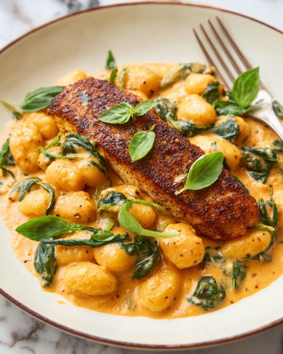 The image shows a close-up of a black pan filled with creamy orange sauce mixed with soft, ridged gnocchi. Four large pieces of darkly seasoned and crispy salmon fillets lie on top, each with a charred crust and sprinkled with small green basil leaves. The sauce has green spinach leaves and red bits, possibly sun-dried tomatoes, scattered throughout. The pan rests on a white marbled surface. photo taken with an iphone --ar 4:5 --v 7