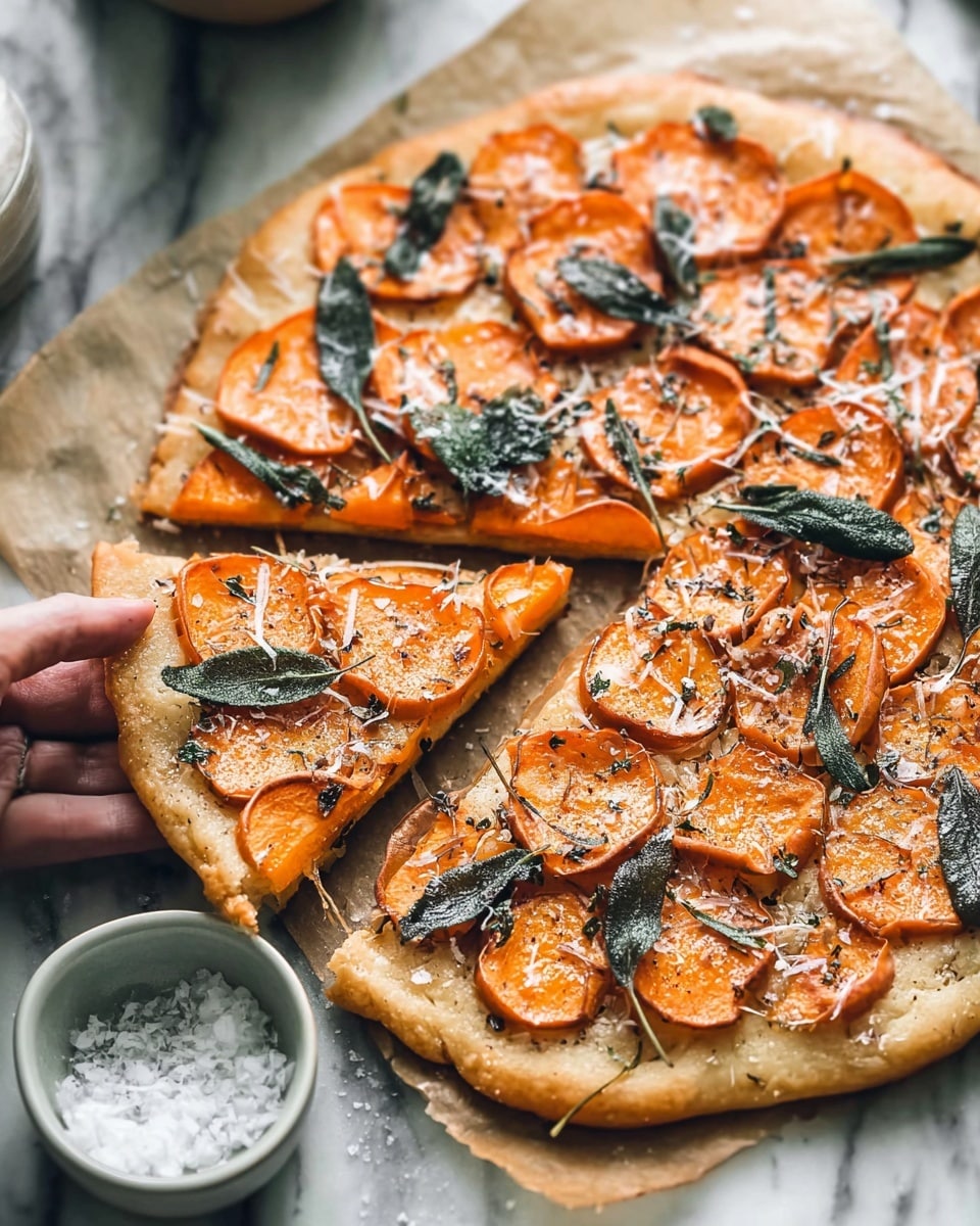 The image shows a close-up of a round pizza with a light golden crust as the base. On top, there is a thick layer of thinly sliced orange sweet potatoes arranged evenly, covering the entire pizza surface. Scattered across the sweet potatoes are a few dark green sage leaves, some slightly crispy. The sweet potato layer is sprinkled with flecks of white grated cheese, adding a fine texture contrast, and a light dusting of coarse sea salt is visible. The pizza is placed on brown parchment paper atop a white marbled surface, and a woman's hand is seen holding one slice, separating it slightly from the rest of the pizza. In the foreground, there is a small white bowl filled with coarse sea salt. Photo taken with an iphone --ar 4:5 --v 7