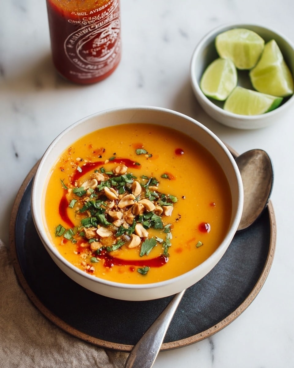 The image shows a bowl of bright orange soup with a smooth texture, topped with chopped peanuts, chopped green herbs, and a drizzle of red sauce swirled partly on the surface. The bowl is white and sits on a dark plate, with a silver spoon resting on the plate next to it. In the background, there is a bottle of red hot sauce and a small white bowl filled with lime wedges. The scene is set on a white marbled surface. Photo taken with an iphone --ar 4:5 --v 7