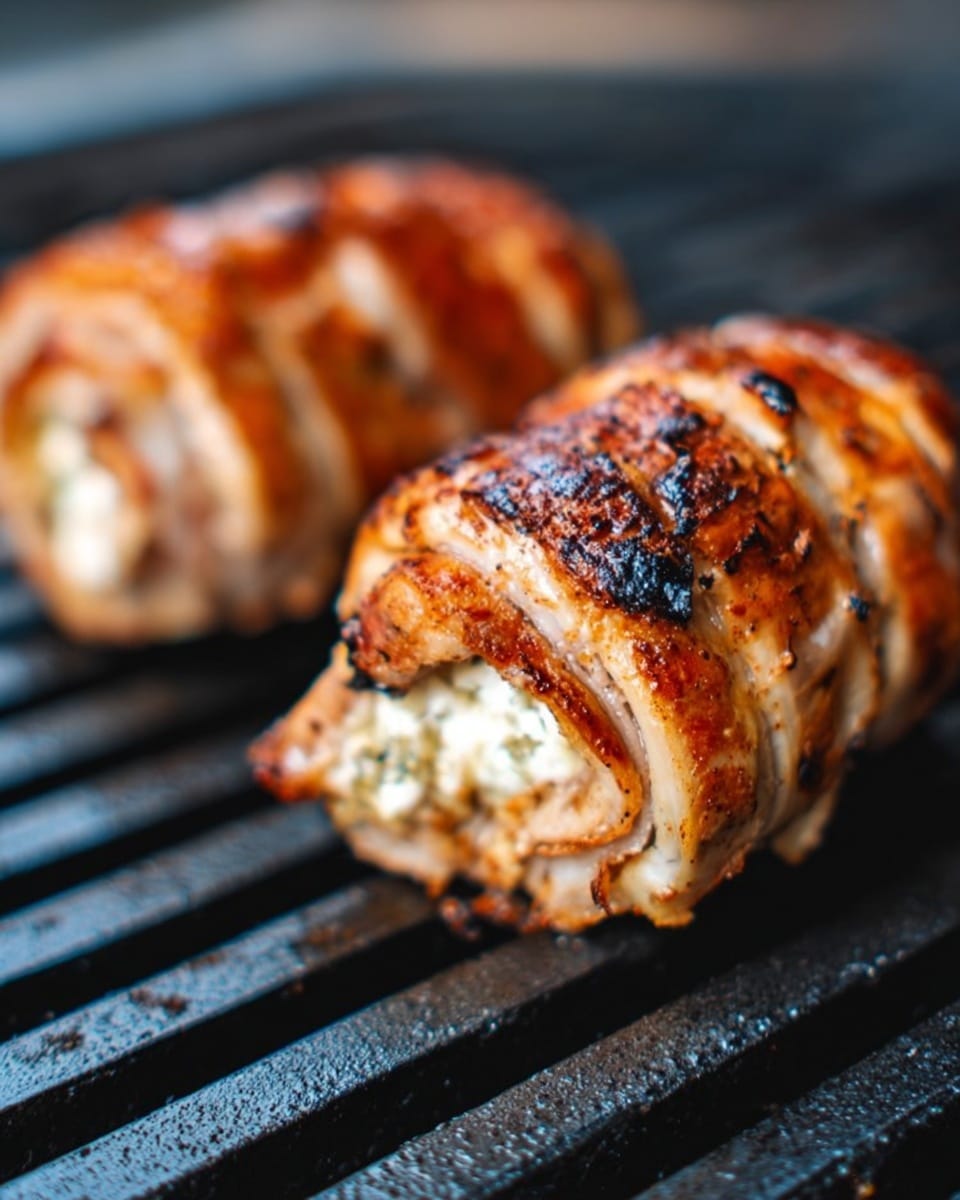 Two thick rolls of grilled food sit on a metal grill with dark lines. Each roll has many thin layers wrapped around, with a golden brown crust and some charred bits on top. The inside looks soft and juicy with a creamy white color. The rolls show a glossy texture from the heat and are positioned diagonally on the grill with one closer and more in focus. The background and surface are blurred, giving attention to the food. photo taken with an iphone --ar 4:5 --v 7