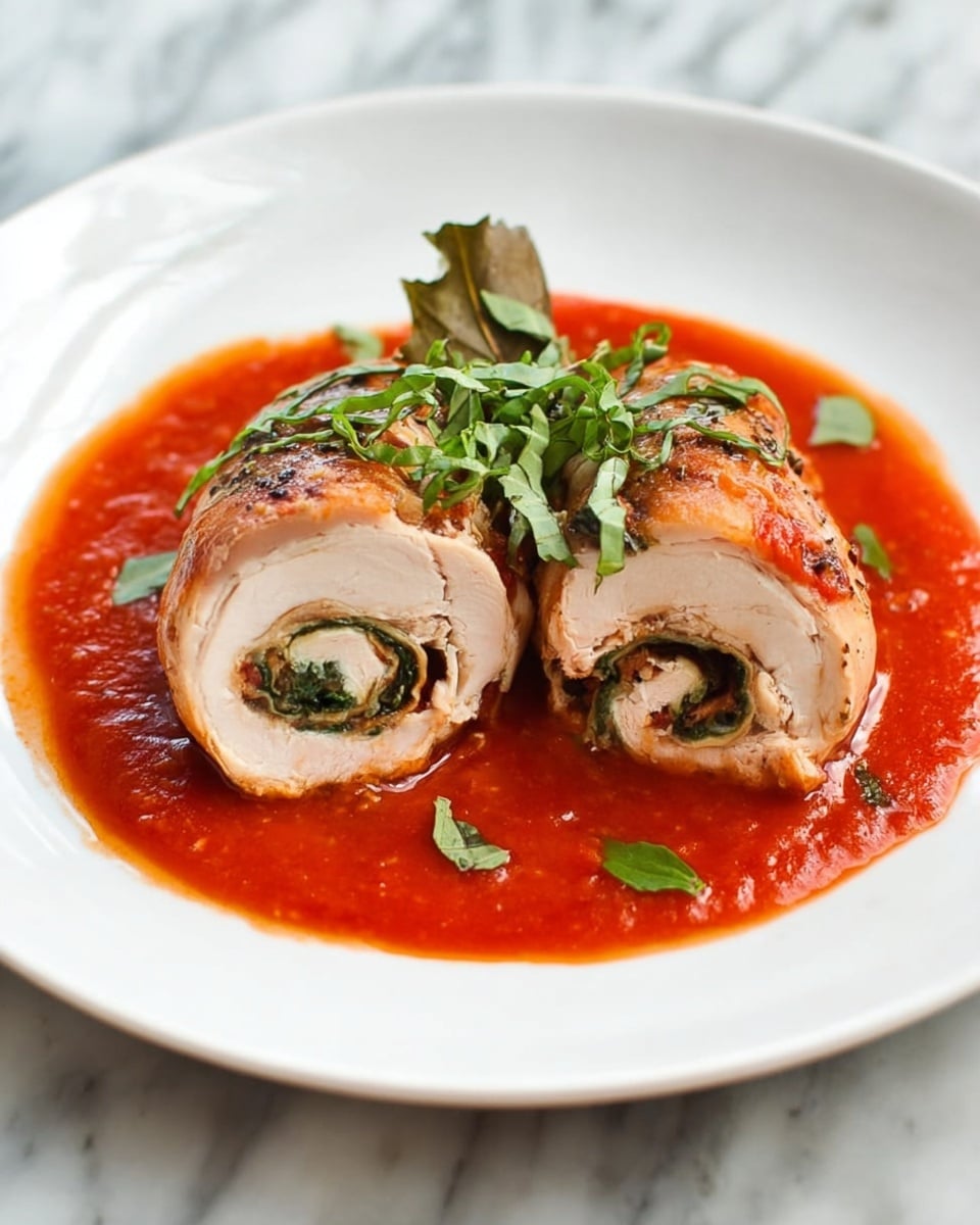 Two pieces of rolled cooked chicken with a light brown outer layer sit in the middle of a shallow pool of bright red tomato sauce on a white plate. Inside the chicken, there is a darker layer with a green leaf wrapped around it, adding a spiral pattern. Fresh, thinly sliced green herbs are scattered on top of the chicken and sauce, adding a fresh touch. The plate rests on a white marbled surface. photo taken with an iphone --ar 4:5 --v 7