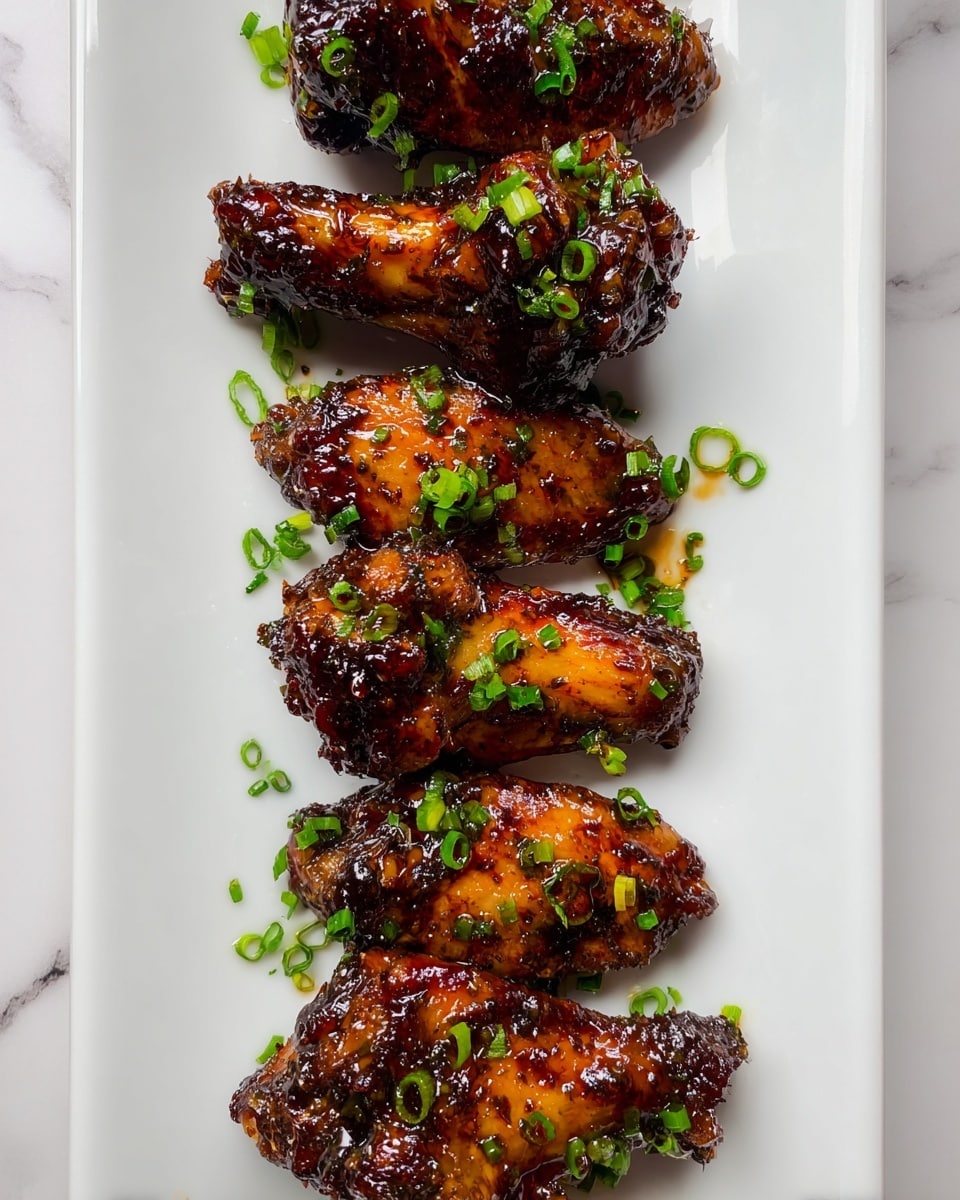 A white rectangular plate holds seven pieces of chicken wings arranged in a vertical line. Each wing is coated with a shiny, dark brown sauce that looks thick and sticky, giving them a rich glaze. Small pieces of green onion are sprinkled generously over the wings, adding a fresh green contrast to the deep brown sauce. The surface underneath the plate has a white marbled texture. photo taken with an iphone --ar 4:5 --v 7