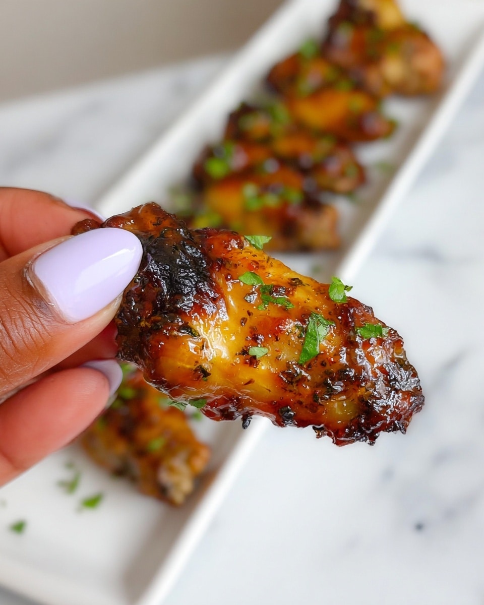 A close-up view of a shiny, glazed chicken wing held between a woman's thumb and forefinger with light purple nail polish. The chicken wing is a rich golden brown with dark char marks and small green herb pieces scattered on it. In the background, a long white plate sits on a white marbled surface, holding a row of similar glazed wings also garnished with small green herbs, slightly out of focus. The overall look is warm and appetizing with a crisp texture visible. photo taken with an iphone --ar 4:5 --v 7