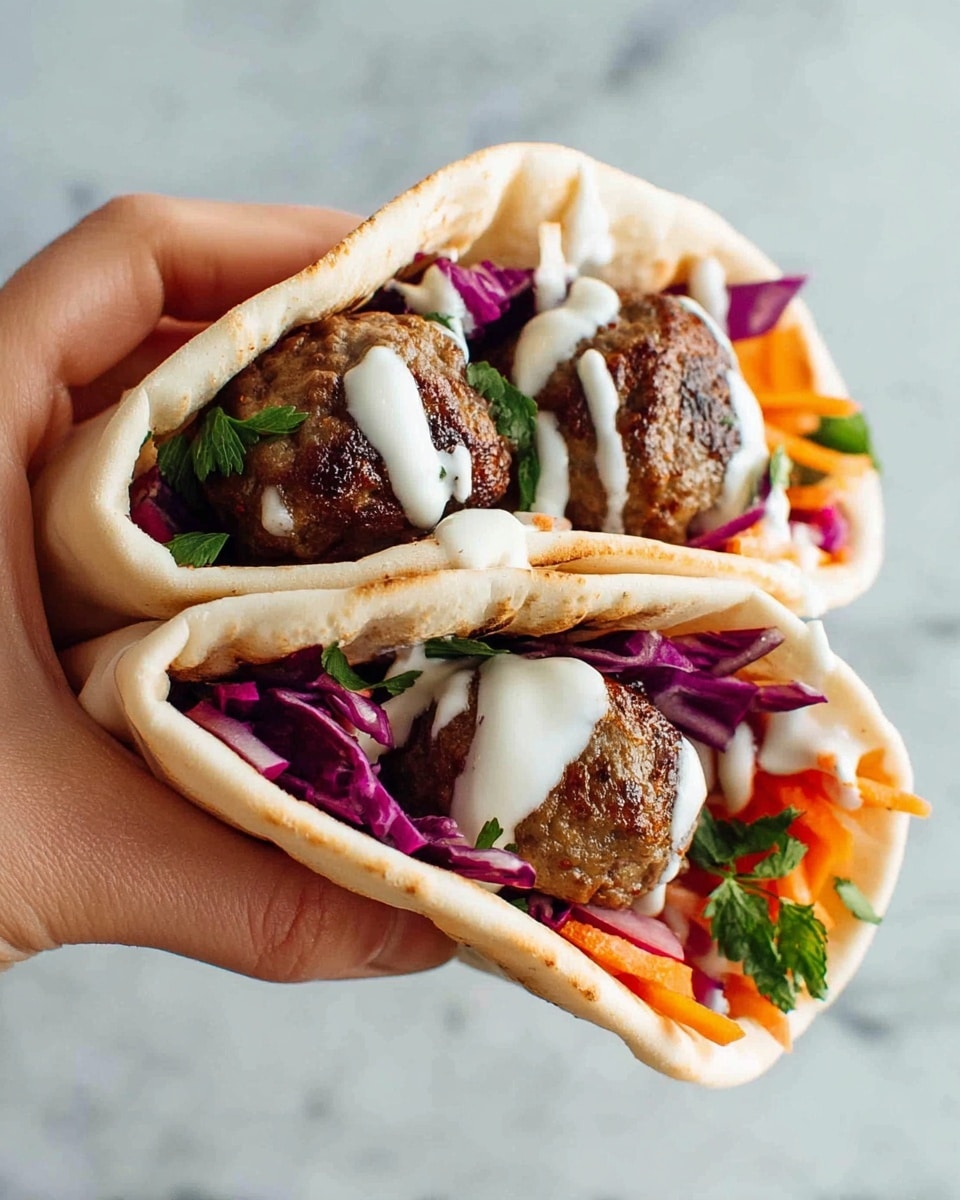 Two soft, light beige pita wraps are held by a woman's hand, each filled with a thick, brown grilled meatball as the top layer. Below the meatballs, there is a mix of thinly shredded purple cabbage, green herb leaves, and bright orange carrot strips visible on the right side. White creamy sauce is drizzled over the meatballs and some vegetables, adding a smooth texture contrast. The background is a white marbled texture. photo taken with an iphone --ar 4:5 --v 7