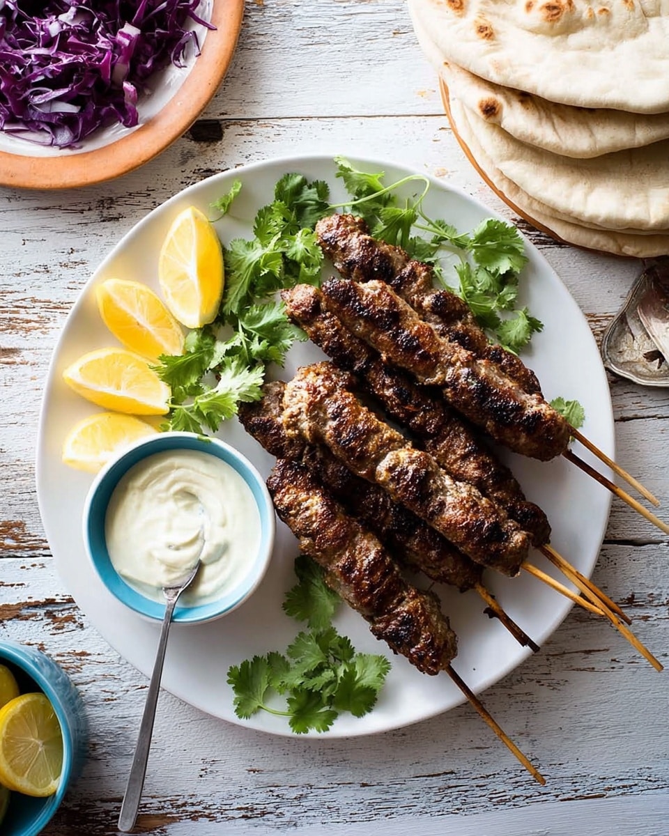 A white round plate holds six grilled meat skewers arranged in a fan shape, each skewer showing a dark brown, slightly charred texture. On the left side of the plate are four lemon wedges placed in a neat cluster, garnished with fresh green cilantro leaves scattered over the meat and lemons. Below the lemons is a small round bowl filled with a creamy white sauce with a spoon resting inside. To the top right of the plate, four white pita breads are stacked loosely. The setting is on a weathered wooden table with a white marbled surface background visible around the food. Photo taken with an iphone --ar 4:5 --v 7