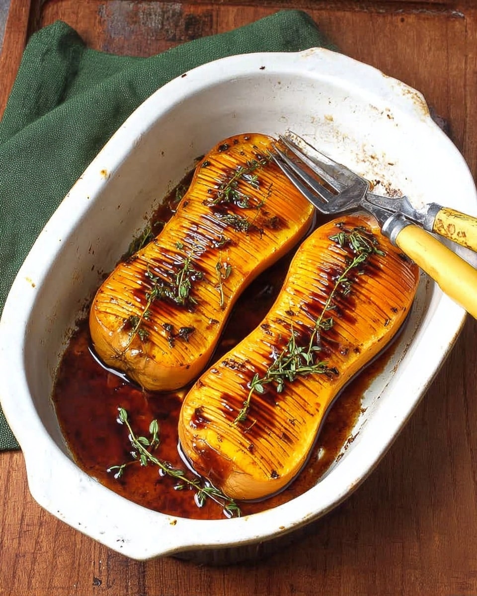 Two golden-brown roasted butternut squashes with thin, even slices along their length sit side by side in a white oval baking dish. Each squash is drizzled with dark brown caramelized sauce that pools slightly at the bottom and has a few fresh green herb sprigs on top. The dish rests on a wooden surface with a green cloth napkin nearby, and a silver fork with a yellow handle lies across the edge of the baking dish. The photo taken with an iphone --ar 4:5 --v 7