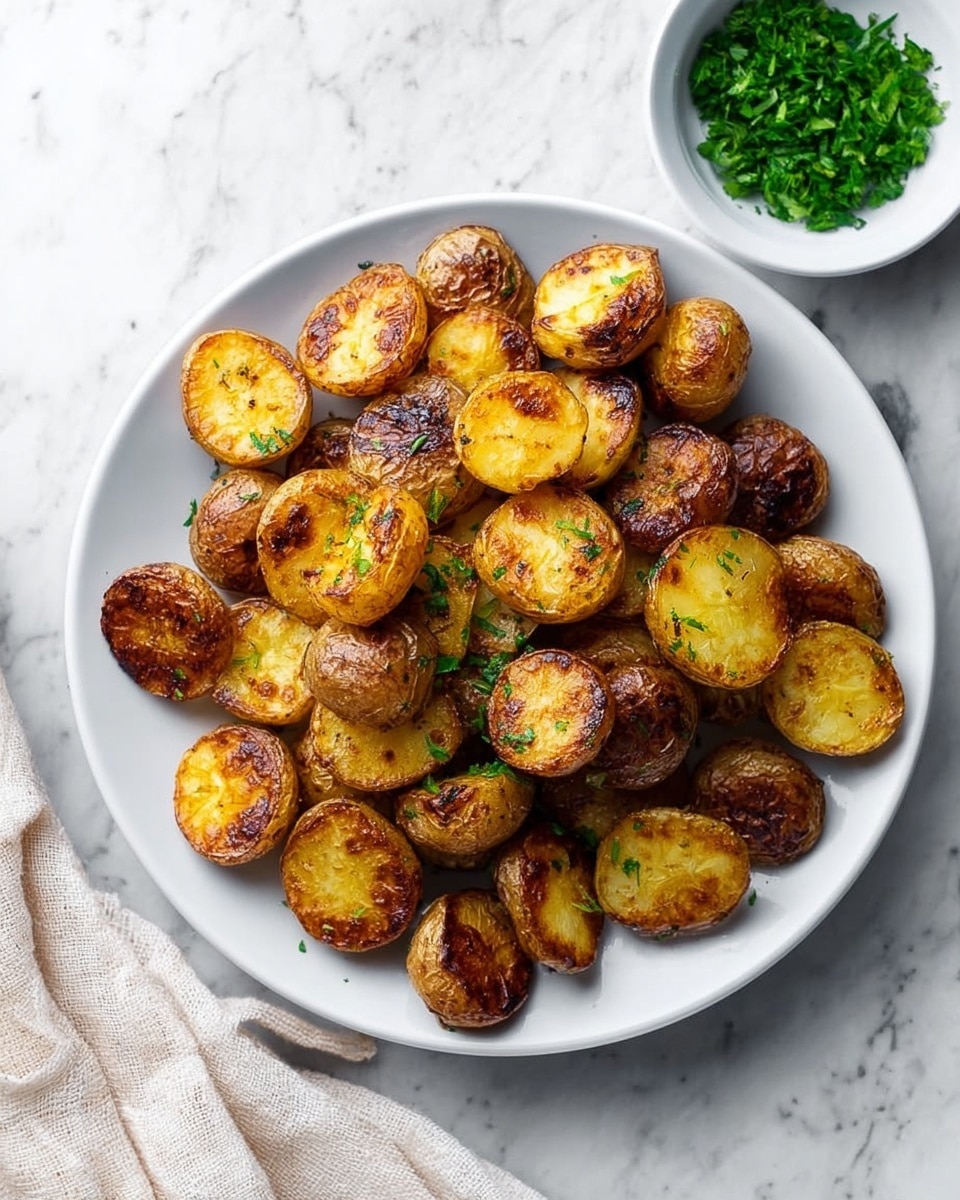 A white plate filled with a single layer of small roasted potatoes that are cut in half, each one showing a golden brown, crispy surface with some darker charred spots. The potato skins are a light brown color with a textured look, and there are small flecks of green herbs scattered over the potatoes. The plate rests on a white marbled surface, next to a small white bowl containing chopped green herbs, and a light cream-colored cloth folded beside it. photo taken with an iphone --ar 4:5 --v 7