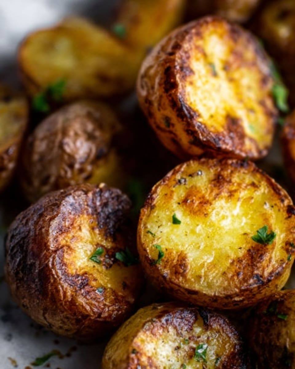 The image shows a close-up of small roasted potatoes with crispy brown skins and golden-yellow centers. The potatoes have a rough texture with some parts showing a slight char. They are arranged closely together on a white marbled surface. Small bits of green herbs are sprinkled on top, adding a touch of color. The light highlights the crispy edges and soft inside of each piece. Photo taken with an iphone --ar 4:5 --v 7