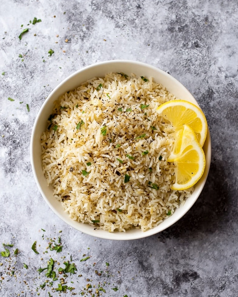 A white bowl filled with a single layer of cooked rice that is light golden brown with specks of black pepper and small green herb pieces scattered on top. On the right side inside the bowl, there are three lemon wedges placed in a slightly overlapping position. The bowl sits on a white marbled textured surface with a few small green herb pieces scattered around. photo taken with an iphone --ar 4:5 --v 7