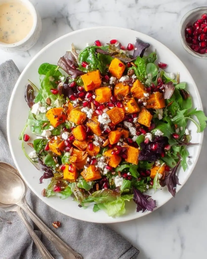 Spiced Roasted Butternut Squash Salad with Pomegranate, Goat Cheese, and Date Dressing Recipe