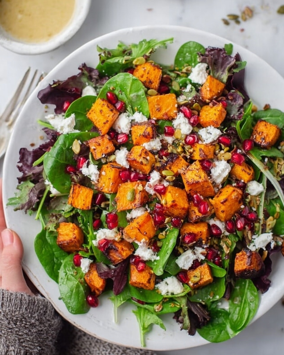 A white plate holds a fresh salad made of mixed green leafy vegetables, including spinach and dark purple lettuce, forming the base layer. On top are bright orange roasted sweet potato cubes, scattered evenly across the greens. White crumbled cheese is sprinkled around the plate, adding soft texture and contrast. Bright red pomegranate seeds are scattered throughout, adding pops of color and shine. Small seeds and nuts are sprinkled on the salad, adding rough texture and depth. The plate sits on a white marbled surface, with a small bowl of light dressing placed to the side. A woman's hand is partly visible near the bottom left of the image. Photo taken with an iphone --ar 4:5 --v 7