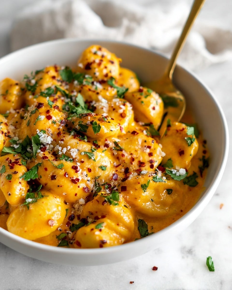 A white bowl filled with round pasta pieces covered in thick, bright orange cheese sauce. The pasta is sprinkled with small bits of red pepper flakes, finely grated white cheese, and scattered green parsley leaves. A gold spoon is partially dipped into the creamy pasta on the right side of the bowl. The bowl sits on a white marbled surface with soft focus in the background. photo taken with an iphone --ar 4:5 --v 7