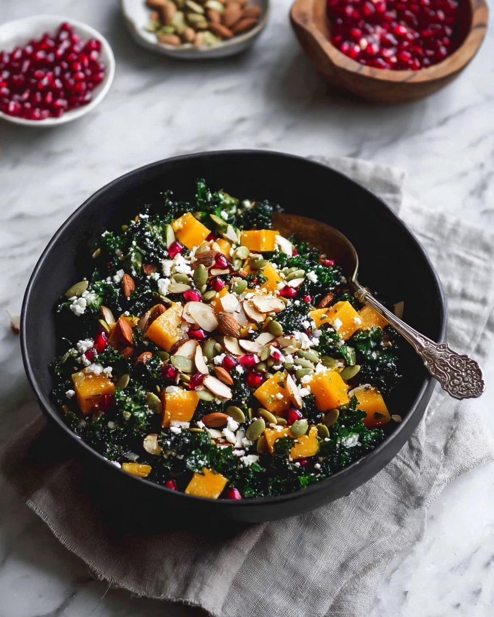 A black bowl filled with a colorful salad placed on a light gray cloth over a white marbled surface. The salad has three main layers: the base is dark green kale leaves, the middle layer has bright orange cubes of squash, and the top is sprinkled with white crumbled cheese, red pomegranate seeds, light brown almond slices, and green pumpkin seeds. A silver decorative spoon rests inside the bowl, with its handle extending outward. In the background, there is a small white bowl with red pomegranate seeds and a wooden bowl with various seeds and nuts. photo taken with an iphone --ar 4:5 --v 7