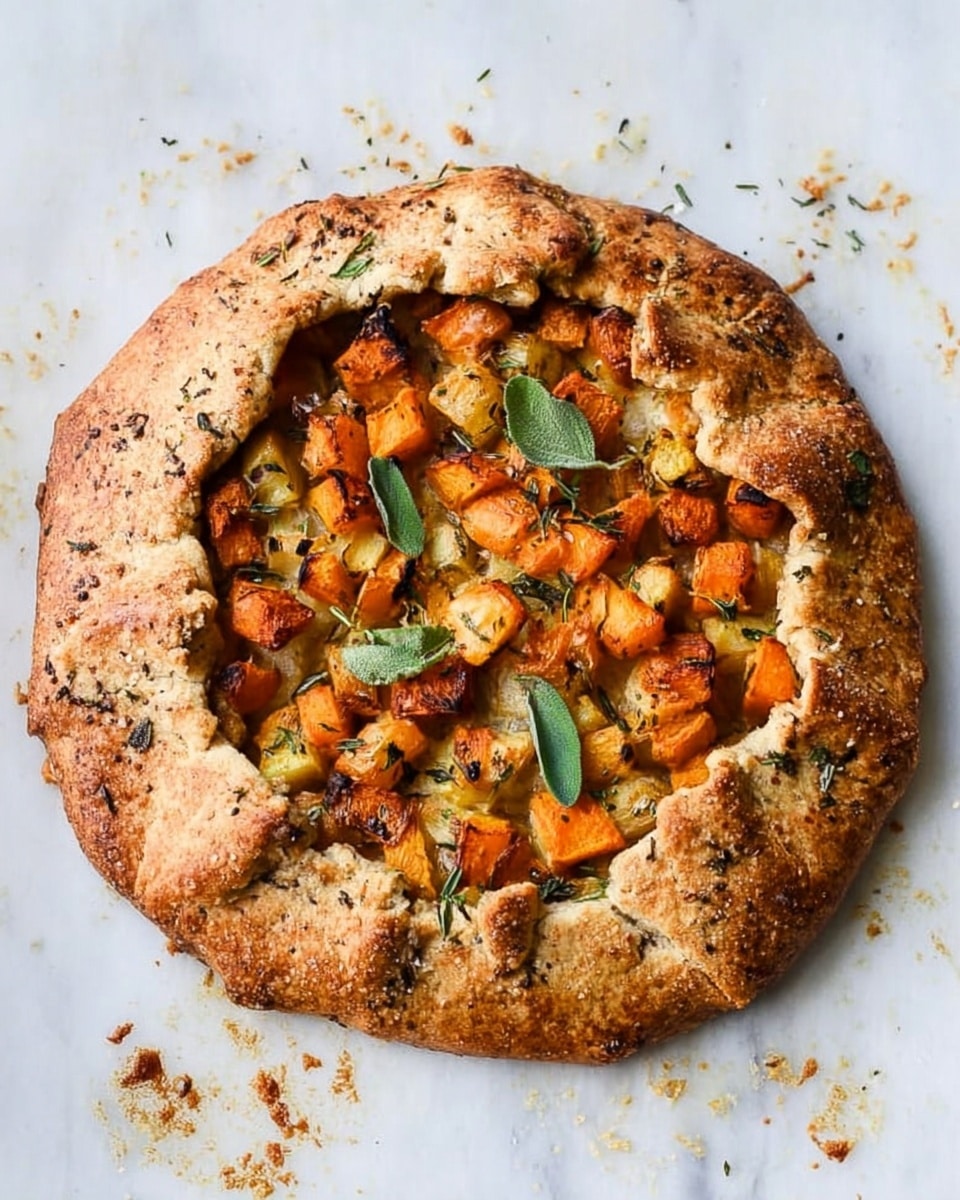 A round rustic tart with a thick, uneven golden-brown crust folded inward, holding a filling of cubed orange and light yellow roasted vegetables, likely squash and sweet potatoes, seasoned with herbs. The crust has a rough texture, sprinkled lightly with seasoning, and is decorated with a few green fresh leaves placed on top. The tart sits on a white marbled surface with some crumbs scattered around. photo taken with an iphone --ar 4:5 --v 7