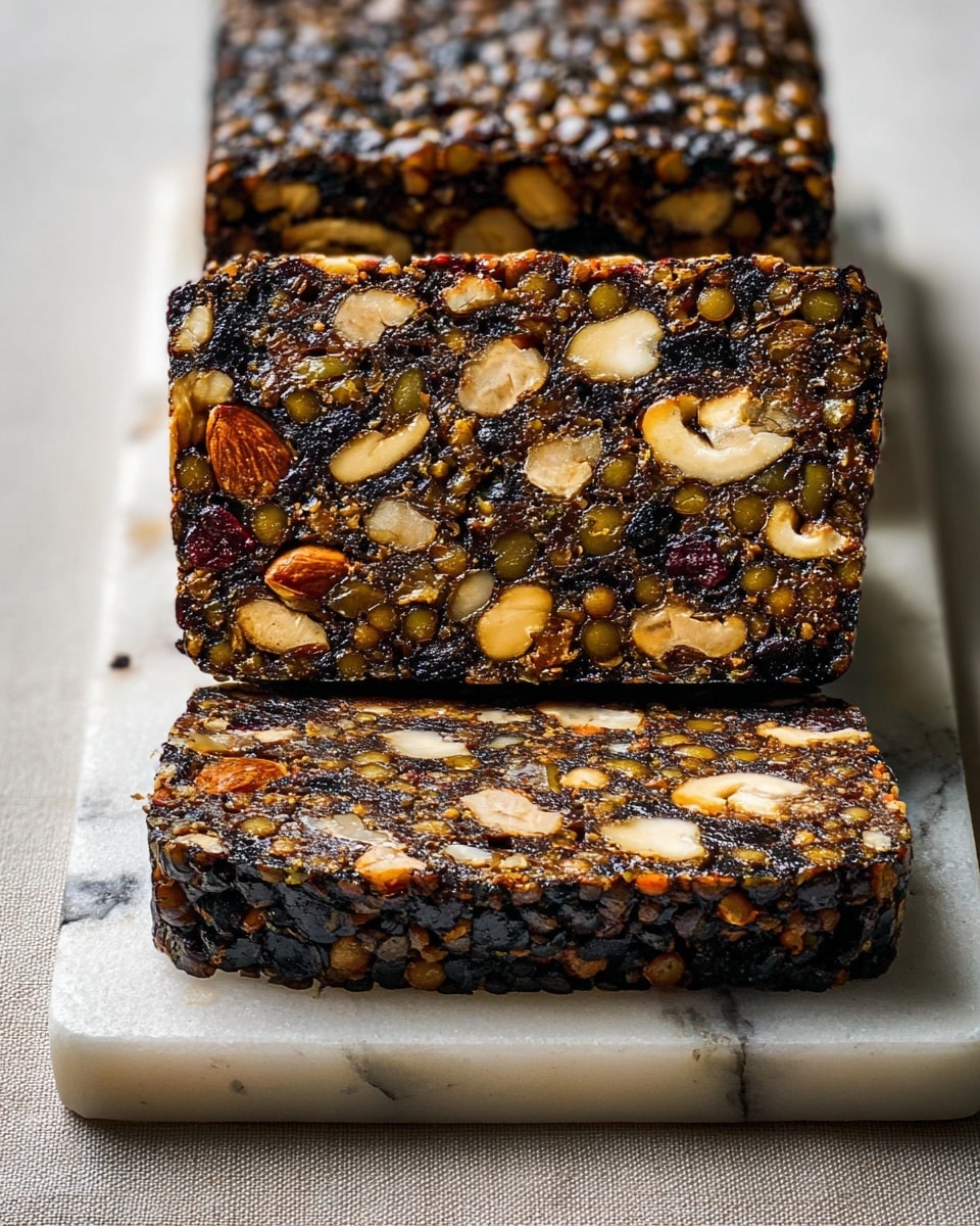 The image shows three thick slices of a dark, dense loaf with a glossy surface, placed on a white marbled cutting board. The loaf has a rich texture filled with visible layers of round, golden lentils, light beige nuts, and dark brown dried fruit pieces. The top slice displays a clear view of the interior, showing the different segments of lentils, nuts, and fruit evenly distributed, while the bottom slice reveals the shiny, textured crust. The color palette includes deep browns, golden yellows, and creamy beige, highlighting the natural ingredients packed inside. Photo taken with an iphone --ar 4:5 --v 7