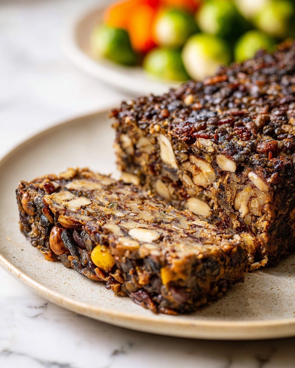 A close-up of a dark loaf with a rough and dense texture showing many nuts and lentils inside, sliced to reveal the inside filled with three main layers of mixed brown lentils, light beige nuts, and some yellow pieces, sitting on a beige plate with a slightly speckled surface, with a blurred plate of green Brussels sprouts and orange carrots in the background on a white marbled surface, photo taken with an iphone --ar 4:5 --v 7
