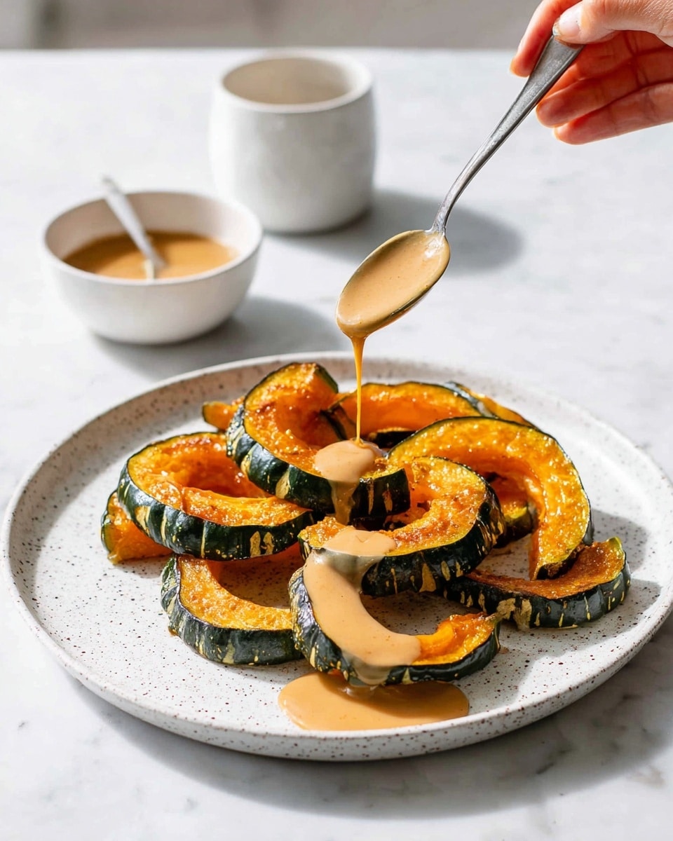 The image shows a white speckled round plate on a white marbled surface, filled with eight orange roasted pumpkin slices with green skin arranged in a loose pile. A woman's hand holds a silver spoon above the plate, pouring a light brown creamy sauce over the pumpkin slices, which drips onto the plate. In the background, there are two small white containers, one bowl with some sauce inside and one cup, both slightly out of focus. The lighting is bright and natural, highlighting the warm colors of the pumpkin and the shine of the sauce. photo taken with an iphone --ar 4:5 --v 7