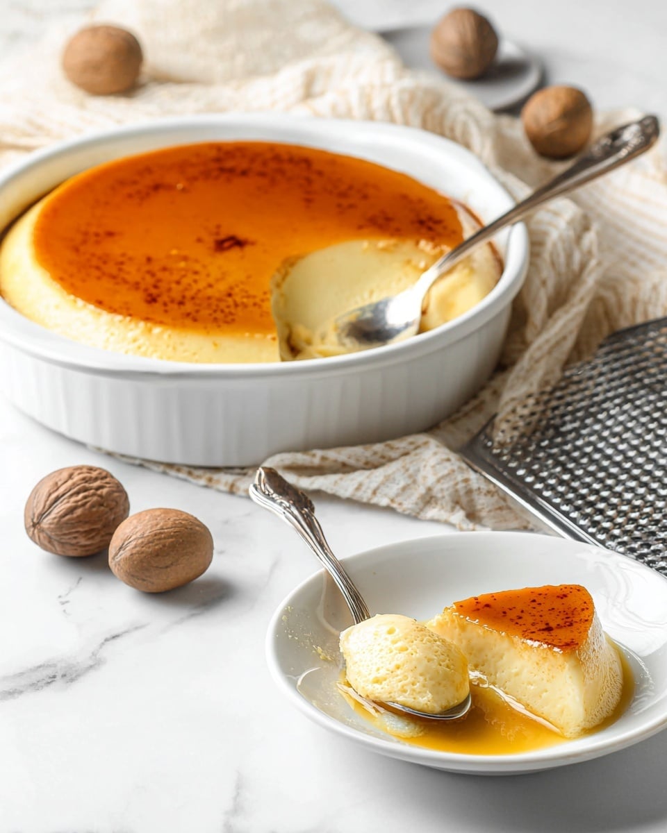 A white ceramic round dish holds a creamy custard dessert with a smooth, shiny caramelized brown top layer. One portion is scooped out, revealing a pale yellow, soft, and silky custard layer beneath the caramel. A silver spoon rests inside both the larger dish and a smaller white bowl in front, where a serving of the dessert sits with its caramel top glistening and soft custard visible underneath. The scene is set on a white marbled surface with two whole nutmegs and a metal grater nearby, and a beige and white cloth partially visible in the background. Photo taken with an iphone --ar 4:5 --v 7