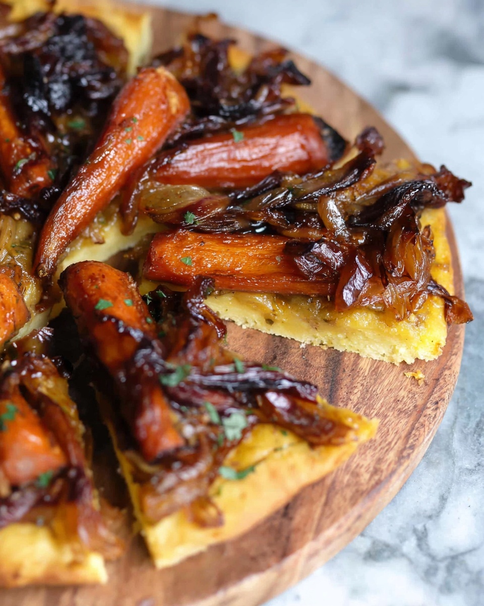 The image shows a close-up of several slices of pizza on a round wooden board. Each slice has two main layers: a golden-yellow crust base and a thick topping of roasted vegetables. The toppings include dark brown, slightly glossy caramelized carrots and onions that have a soft, wrinkled texture. The vegetables are arranged unevenly, some overlapping, covering most of the crust. The background is a white marbled surface. Photo taken with an iphone --ar 4:5 --v 7