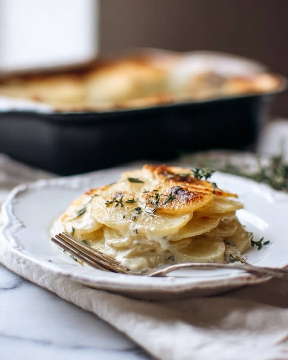 The image shows a white plate with a small serving of scalloped potatoes arranged in three visible layers. Each layer is composed of thin, slightly browned potato slices with a creamy sauce between them, giving a soft texture. The top layer is golden with melted cheese and small green herb sprigs scattered, likely thyme, adding a touch of freshness. The plate rests on a white marbled surface with a white cloth underneath, and in the background, a dark baking dish is blurred out, hinting at more scalloped potatoes inside. A silver fork lies next to the potatoes on the plate. Photo taken with an iphone --ar 4:5 --v 7