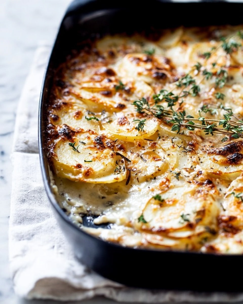A close-up of a black pan filled with a baked dish showing about three visible layers of thin, creamy white potato slices, some browned edges and melted cheese on top, with green sprigs of fresh thyme scattered on the golden surface. The pan is on top of a white cloth on a white marbled textured background. Photo taken with an iphone --ar 4:5 --v 7