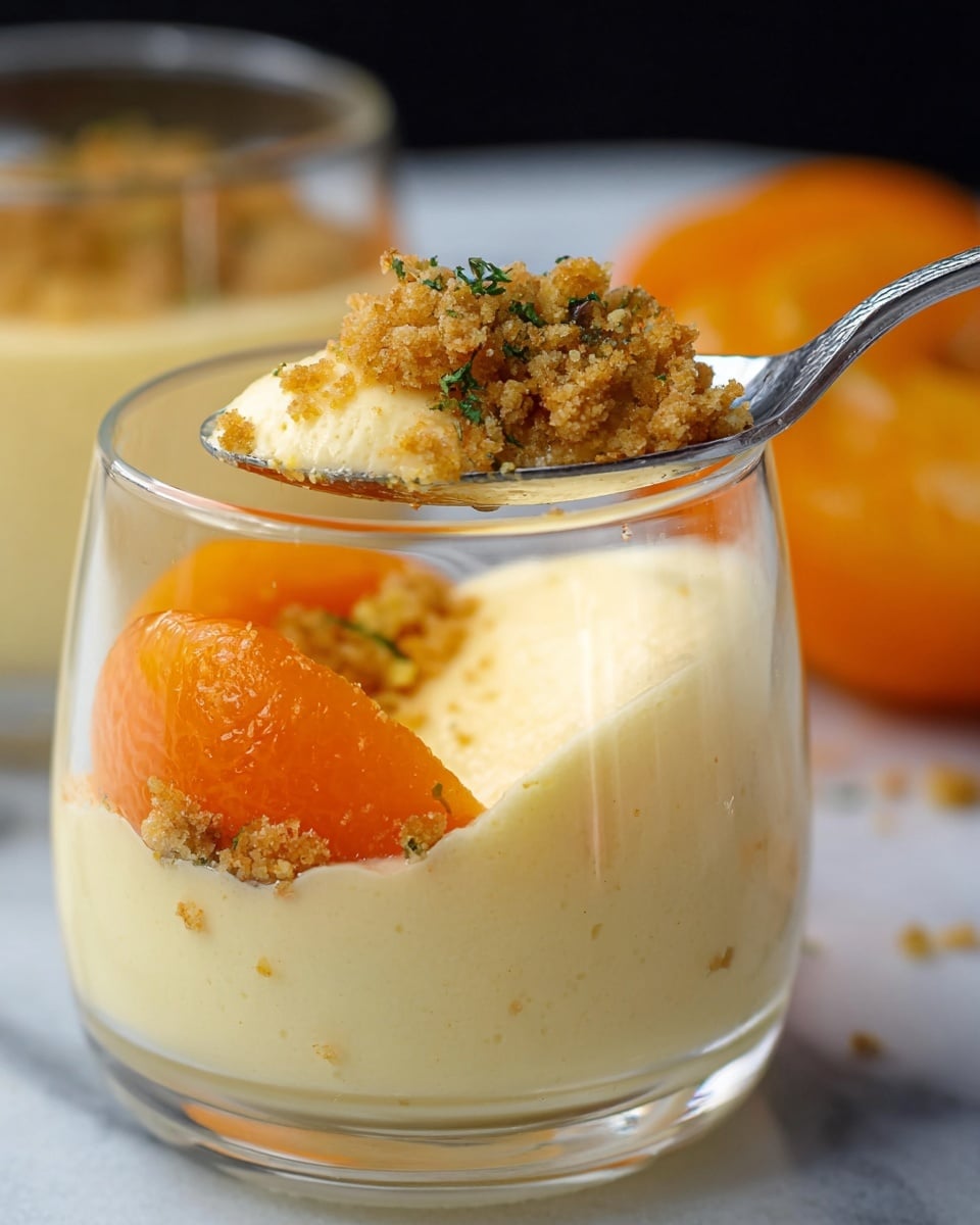 The image shows a clear glass cup with a creamy, pale yellow mousse-like layer filling most of the cup. Inside the cup, near the bottom, is a bright orange segment of fruit, likely a mandarin or tangerine. On top of the mousse is a crumbly, light brown topping with small green herb bits scattered within it. A silver spoon holds a spoonful of the mousse and crumb topping lifted above the cup, showing the smooth texture of the mousse and crunchy crumbs on the surface. The whole setup is on a white marbled surface with blurred elements of the dessert in the background. photo taken with an iphone --ar 4:5 --v 7
