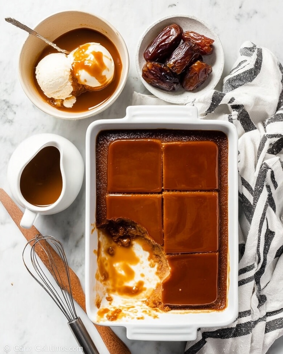 The image shows a white rectangular baking dish with a thick, brown pudding-like dessert inside, partially eaten from one corner. The top layer is smooth and glossy with four large square sections visible. Below this top layer, a lighter, creamy caramel-colored layer blends into the empty part of the dish that has some sauce streaks. To the left, a white bowl holds a scoop of vanilla ice cream with some sauce poured over it, and a spoon is in the bowl. Nearby, a small white pitcher contains more sauce, and a white cloth with black stripes is placed under some dark brown dates. A whisk with a wooden handle lays on a white marbled surface next to the dish. Photo taken with an iphone --ar 4:5 --v 7