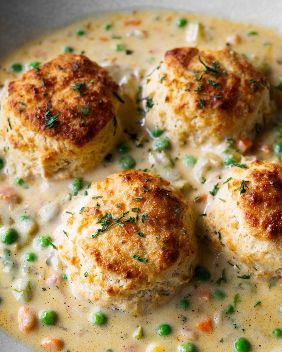 The image shows four golden brown biscuits with a slightly rough texture on top, sitting closely together in a creamy sauce. The biscuits have small green herbs sprinkled on top and are surrounded by a thick, beige cream sauce with small, bright green peas and tiny bits of orange carrot mixed within. The sauce looks smooth and glossy, covering the base around the biscuits. The overall scene is set against a white marbled surface. photo taken with an iphone --ar 4:5 --v 7