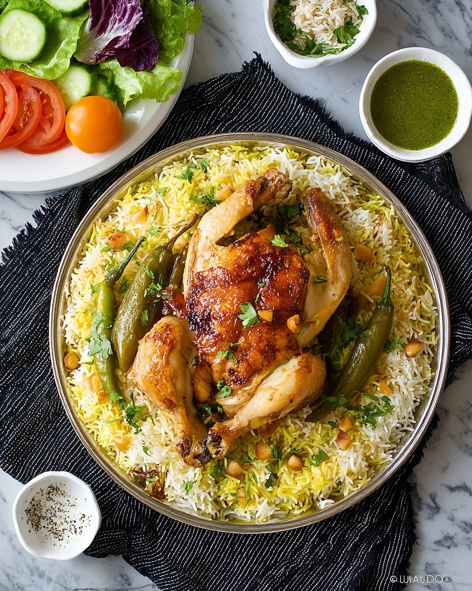 A large round silver tray filled with a bed of yellow and white rice, topped in the center with a whole roasted chicken that has a golden-brown skin. The rice is garnished with green herbs and a few pineapple seeds scattered on top. Around the chicken are several green chili peppers nestled into the rice. Above the large tray, there is a small white bowl of green sauce and another small white bowl with a white sauce sprinkled with black pepper. In the top left corner, part of a white plate with green and purple lettuce leaves, cucumber slices, and a small orange tomato are visible. The tray is placed on a black and white striped cloth on a white marbled surface. photo taken with an iphone --ar 4:5 --v 7