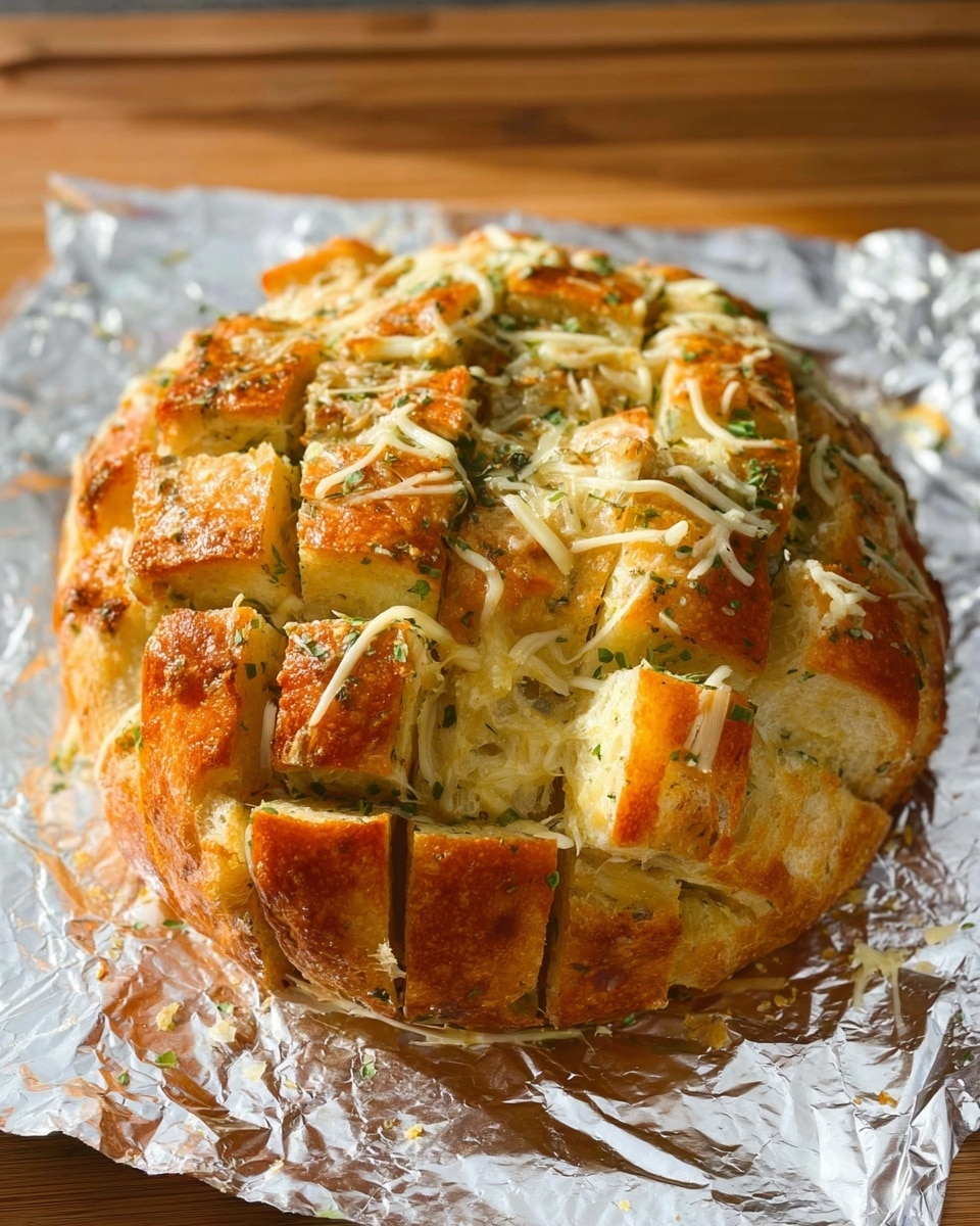 A round loaf of bread with a golden-brown crust is placed on crinkled aluminum foil on top of a wooden surface. The bread is sliced into a grid pattern with deep cuts forming small square sections. Between the cuts, there are pieces of melted light yellow cheese sprinkled inside and on top, along with small bits of green herbs scattered across the surface. The texture of the bread is soft on the inside with a slightly crispy crust. The background is changed to a white marbled texture. photo taken with an iphone --ar 4:5 --v 7