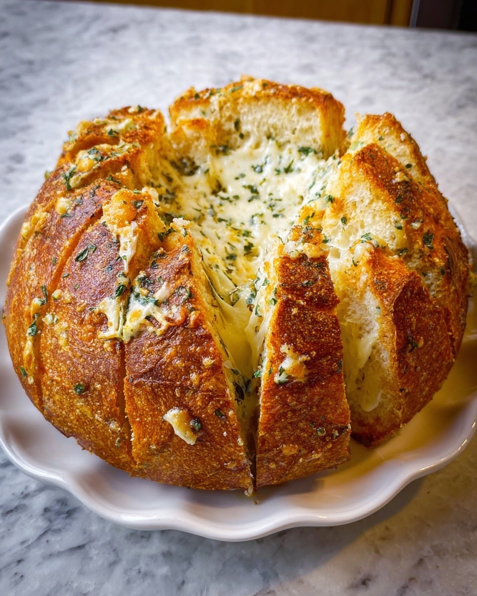 A round loaf of bread is shown on a white plate with scalloped edges, placed on a white marbled surface. The bread is sliced partially into thick sections but kept whole at the bottom, each slice filled with melted cheese that has a light golden brown color and sprinkled with small green herbs. The bread crust is crispy and brown, contrasting with the soft, cheesy interior that shows a mix of creamy white and slightly toasted yellow tones. Photo taken with an iphone --ar 4:5 --v 7
