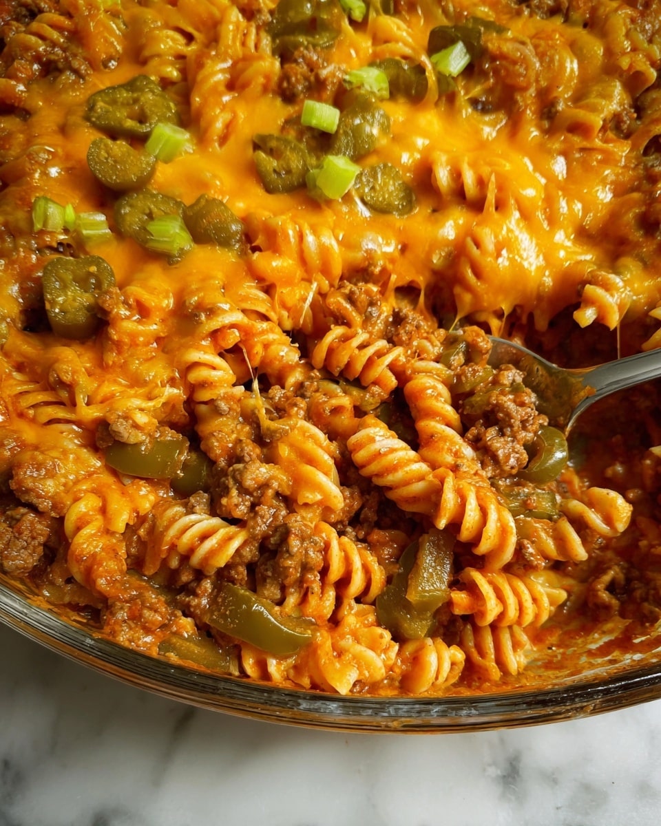 This close-up image shows a pasta dish with three clear layers. The bottom layer consists of curly rotini pasta in a light orange sauce mixed with browned ground meat and slices of green bell pepper. Over this is a thick layer of melted bright orange cheese that appears creamy and rich. On top of the cheese are small chopped green pickles scattered mainly in the upper center area. A metal spoon is visible on the right side, scooping some of the pasta, showing a mix of the pasta, meat, and cheese layers. The dish is on a white marbled surface. photo taken with an iphone --ar 4:5 --v 7