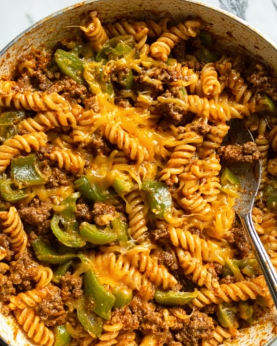 The image shows a close-up of a white pan filled with a cooked pasta dish made of spiral noodles mixed with ground meat, green bell pepper slices, and melted orange cheese covering the top. The pasta is soft and slightly sauced, with the green peppers layered throughout and bits of browned meat scattered evenly. A silver spoon is partially visible on the right side, resting in the pan, with the pasta and cheese slightly sticking around it. The background is a white marbled surface. photo taken with an iphone --ar 4:5 --v 7