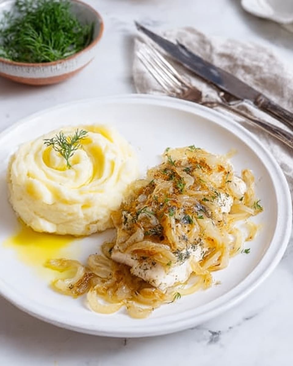 A white plate with three main layers: a smooth, creamy pale yellow mashed potato swirl on the left, drizzled with light yellow olive oil and topped with a small green herb sprig; on the right, a layer of translucent cooked onions that look soft and slightly caramelized, spread over and around the third layer, which is a piece of light brown cooked fish, topped with more cooked onions and sprinkled with green herbs. The plate sits on a white marbled surface, with a fork and knife placed to the right of the plate, and a bowl of fresh green herbs slightly visible in the background. Photo taken with an iphone --ar 4:5 --v 7