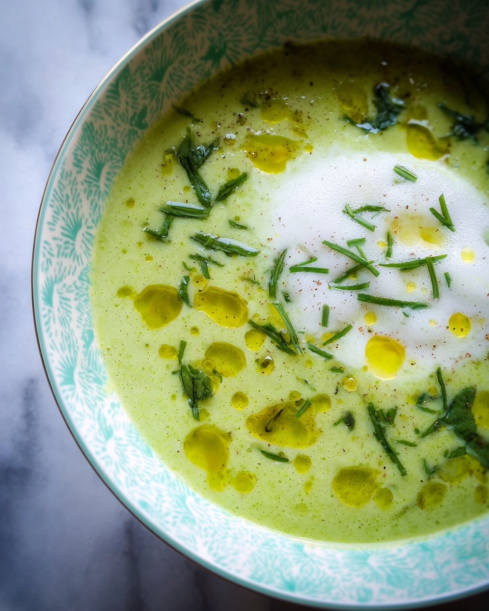 A close-up view of a bowl filled with creamy green soup, topped with a white frothy layer and scattered thin green herb strips. The soup has drizzles of golden oil on the surface, creating small shiny pools. The bowl is white with a delicate light teal pattern along the rim and sits on a white marbled background. Photo taken with an iphone --ar 4:5 --v 7
