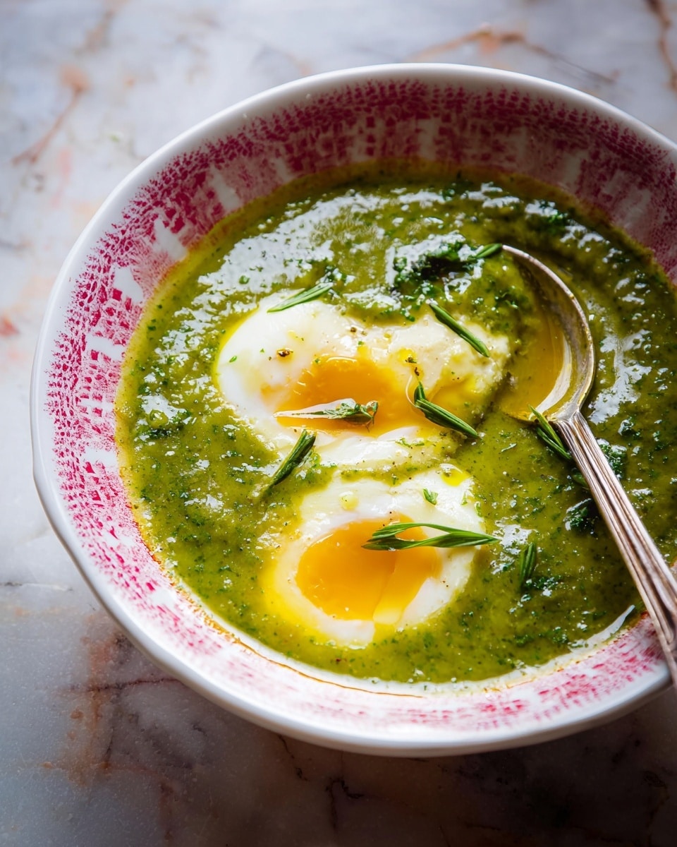 A white bowl with a red pattern around the rim is filled with thick green soup that has a slightly chunky texture. In the center of the soup, there are two soft cooked egg halves with bright yellow yolks oozing slightly, surrounded by a drizzle of clear golden oil. Thin green herb leaves are scattered gently on the surface of the soup, adding a fresh touch. A spoon rests inside the bowl on the right side. The bowl sits on a white marbled surface. photo taken with an iphone --ar 4:5 --v 7