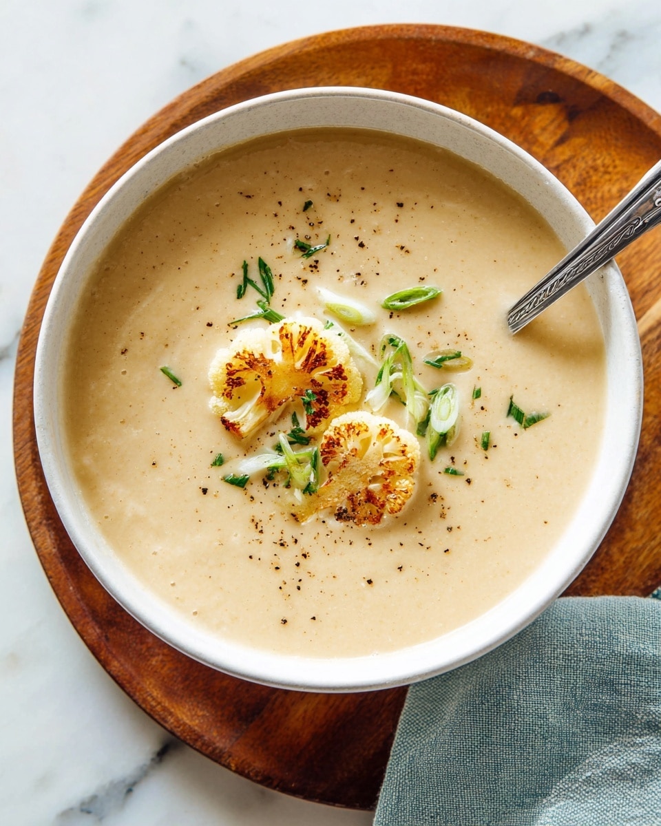 A light beige, creamy cauliflower soup fills a white ceramic bowl that sits on a wooden tray over a white marbled surface. The smooth soup has a slightly thick texture with two small, golden-browned roasted cauliflower florets floating near the center. Small green herb pieces and thin green onion slices are scattered gently over the top, with a light dusting of black pepper adding subtle specks. A silver spoon rests inside the bowl, its handle extending outward toward the top of the image, and a soft blue-gray napkin peeks out from under the bowl. Photo taken with an iphone --ar 4:5 --v 7