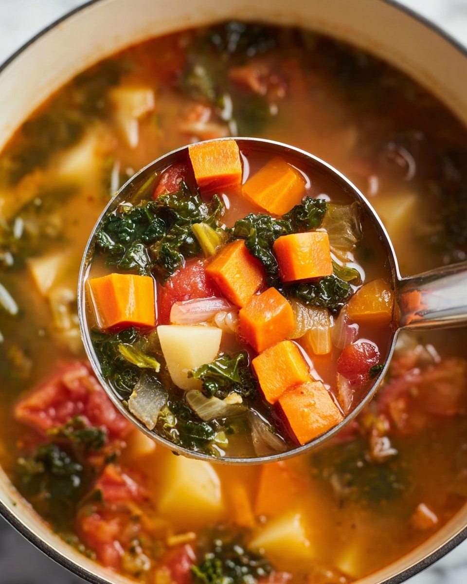 A close-up view of a ladle full of vegetable soup inside a white pot. The soup has three main layers visible in the ladle: bright orange carrot cubes on top, dark green leafy kale pieces mixed through the middle, and chunks of red tomato and off-white potato at the bottom. The soup broth is clear and light brown, filling the spaces between the vegetables. The background shows more soup with the same colorful mix in the white pot, resting on a white marbled surface. A metallic ladle handle rises out of the pot. photo taken with an iphone --ar 4:5 --v 7