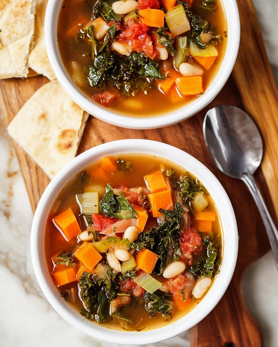 Two white bowls filled with vegetable soup are shown from above, each containing layers of orange carrot chunks, green leafy kale, white beans, diced white onions, light green celery pieces, and red tomato chunks in a clear brown broth. The bowls are placed on a wooden surface with a silver spoon between them near some pieces of flatbread. The background is a white marbled texture. photo taken with an iphone --ar 4:5 --v 7
